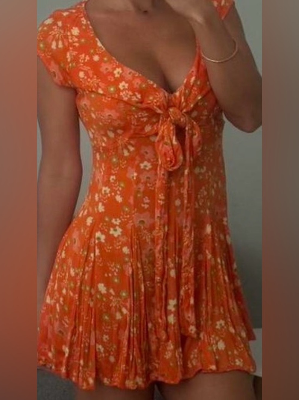 Free People Orange Floral Tie Mini Dress or Tunic, size small.